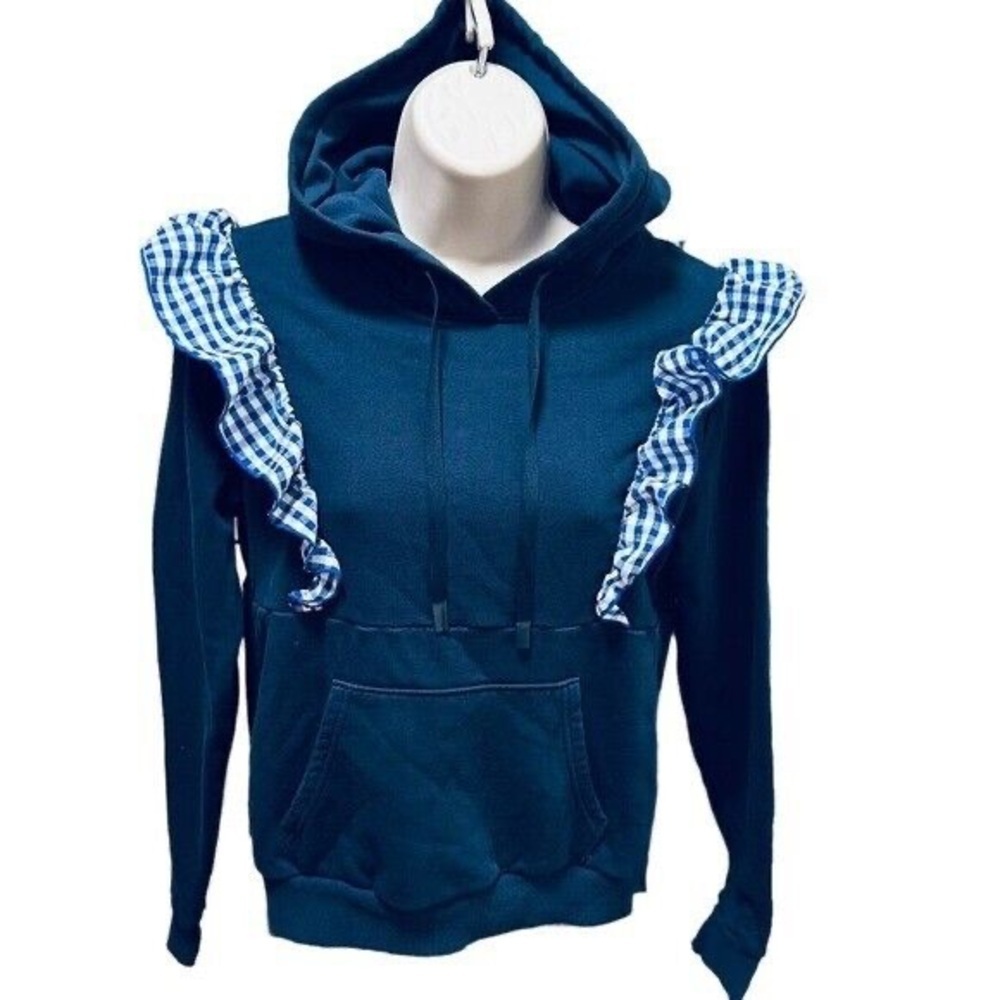 ADDISON BAY Spring Garden Sweatshirt Cotton Hoodie Navy Plaid Ruffles Small - Picture 2 of 7